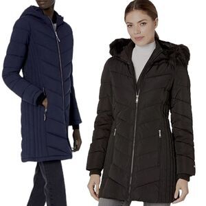 Tommy Hilfiger Navy Blue Mid Length Puffer Jacket Coat W/Hood Sz XXS